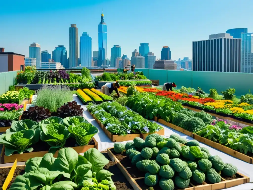 Una exuberante agricultura urbana durante la guerra en una azotea, con hileras de vegetales y flores, abejas y personas en la ciudad