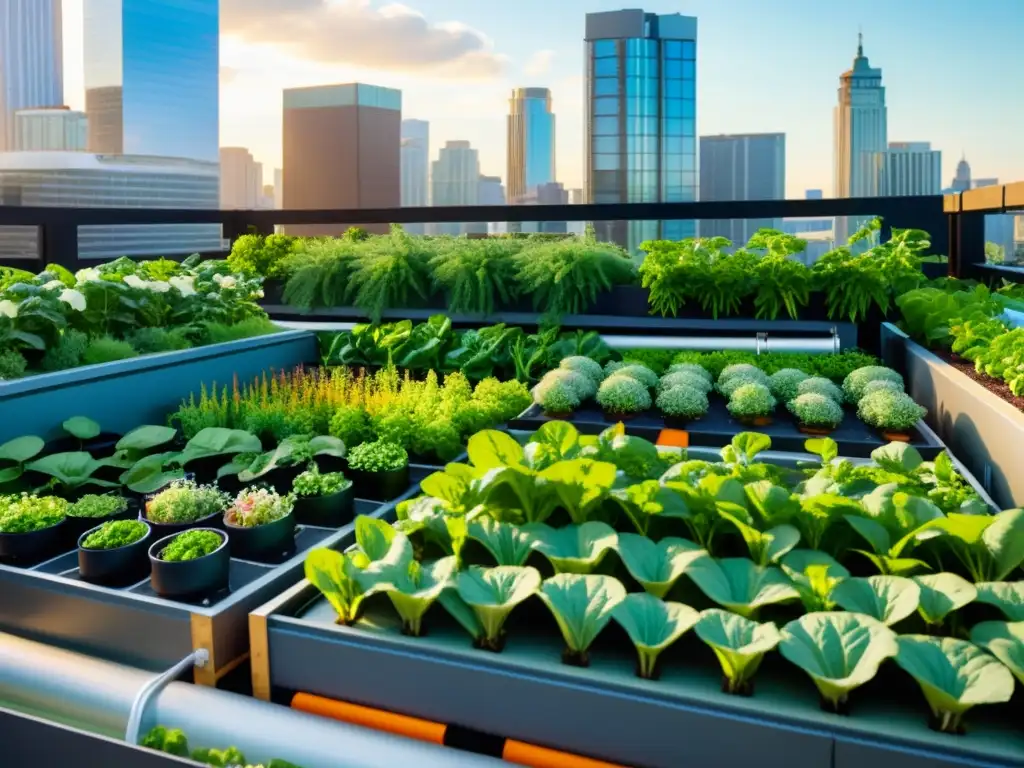 Una exuberante agricultura urbana sostenible con acuaponía, en un jardín de tejado urbano, bañado por cálida luz solar entre edificios modernos