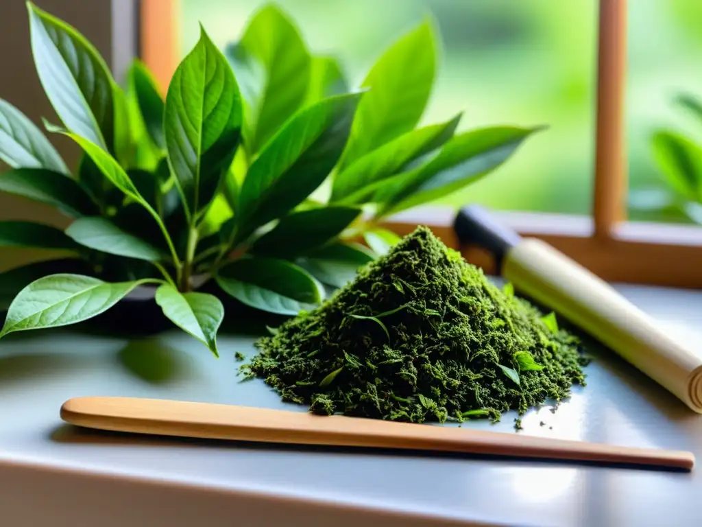 Un exuberante árbol de té verde, perfectamente cultivado en un jardín interior, con herramientas para cultivar té matcha en casa