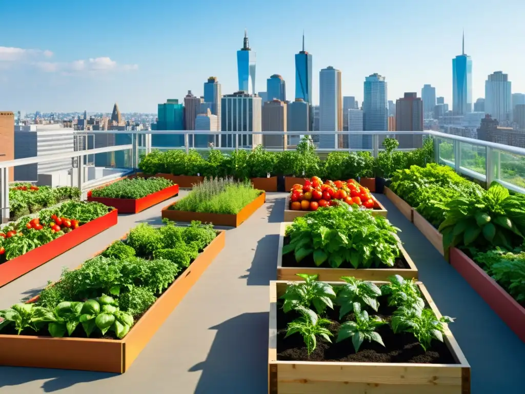 Un exuberante jardín en la azotea con las mejores plantas para huertos urbanos en techos, en medio de la bulliciosa ciudad