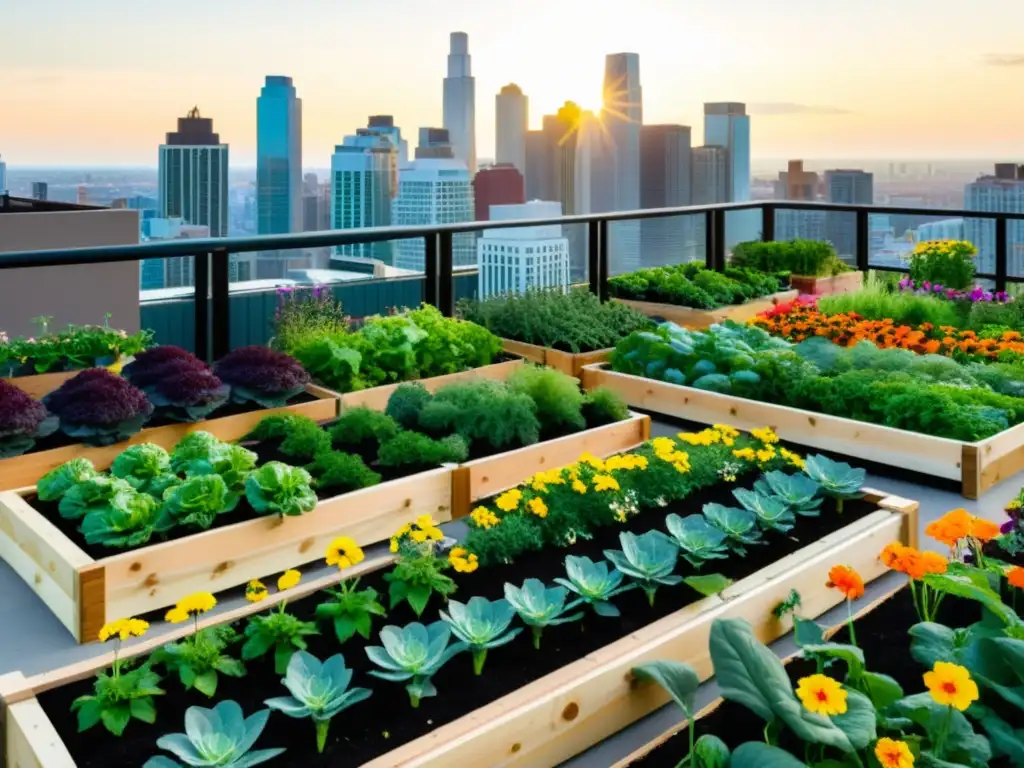 Una exuberante azotea urbana llena de vegetales verdes vibrantes y flores coloridas, con el horizonte de la ciudad de fondo