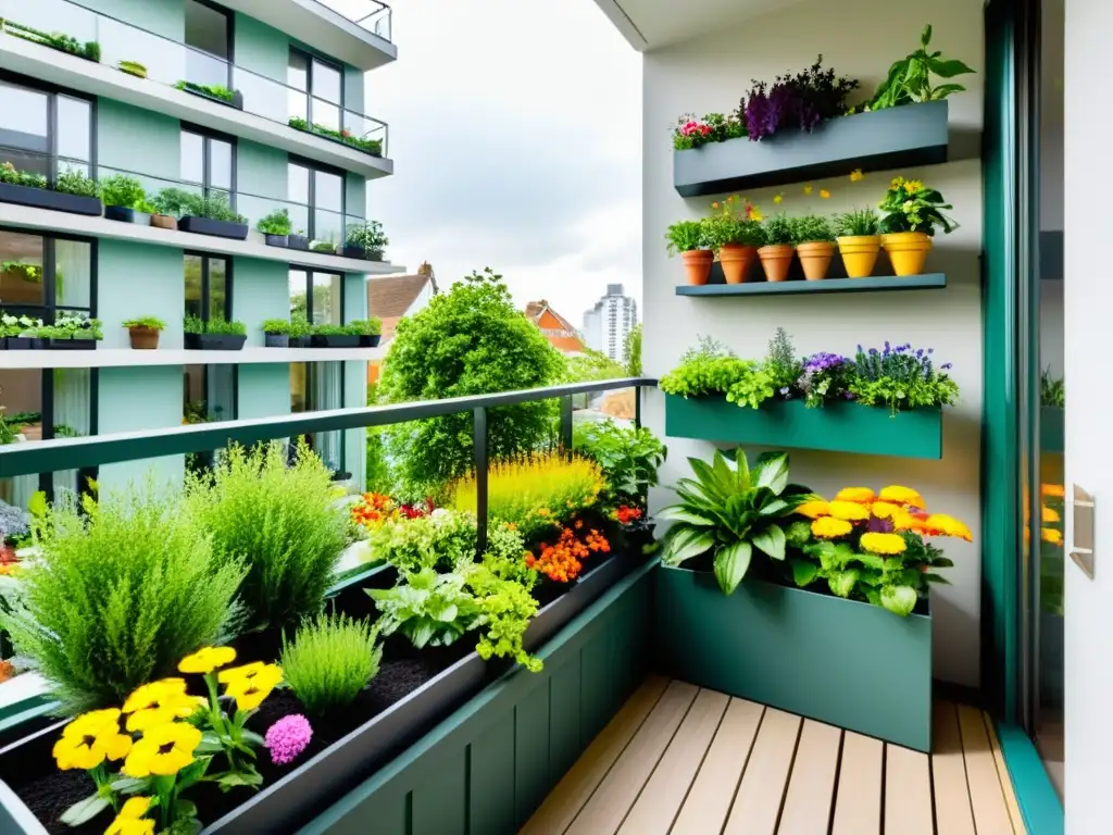 Un jardín exuberante en un balcón, con plantas perennes y diseño moderno, ideal para la permacultura en espacios reducidos