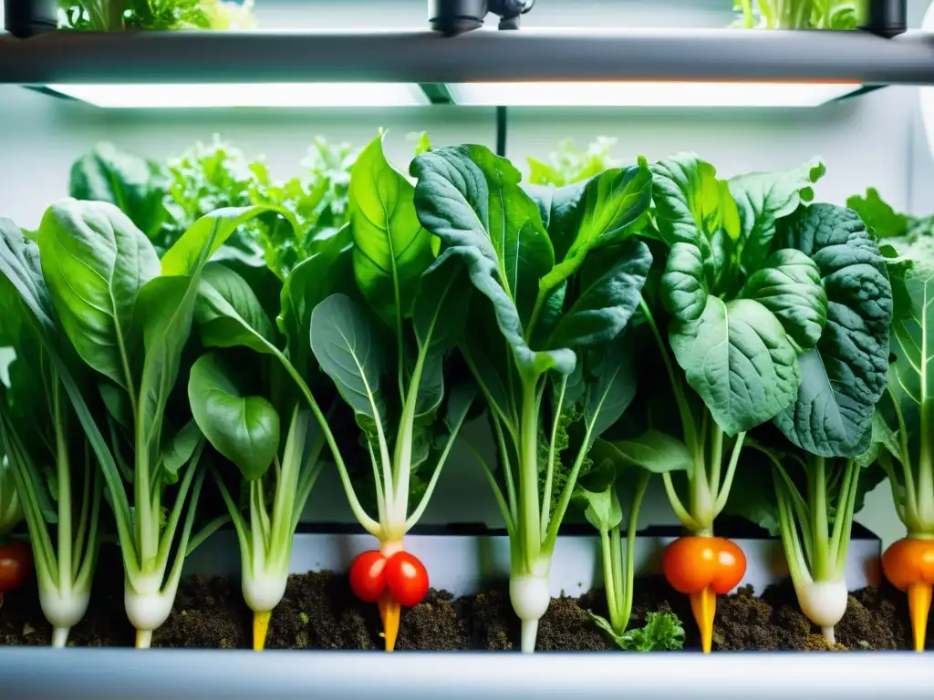 Una exuberante combinación de verduras de hoja verde creciendo en un sistema acuapónico moderno