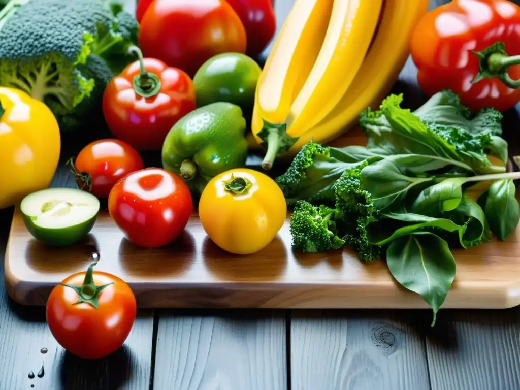 Una exuberante composición de frutas y verduras orgánicas en una tabla de cortar de madera, resaltando la belleza natural de los alimentos