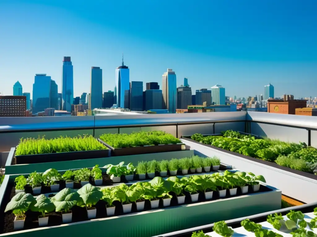 Una exuberante cosecha acuapónica urbana en un jardín de azotea, fusionando la naturaleza con la ciudad