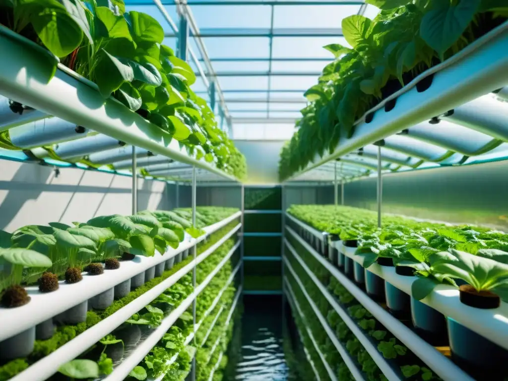 Exuberante cultivo acuapónico en huertos verticales, bañado en luz natural, mostrando un ecosistema vibrante y sostenible