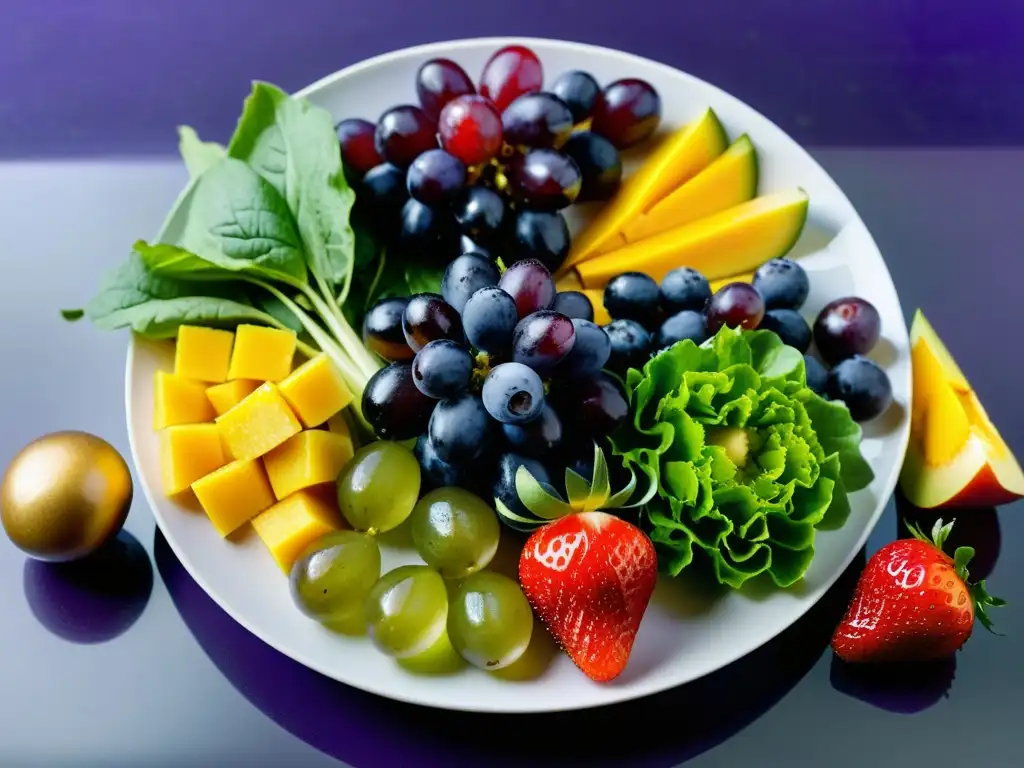 Una exuberante y detallada imagen de un plato de frutas y verduras coloridas, cultivadas mediante acuaponía para platos