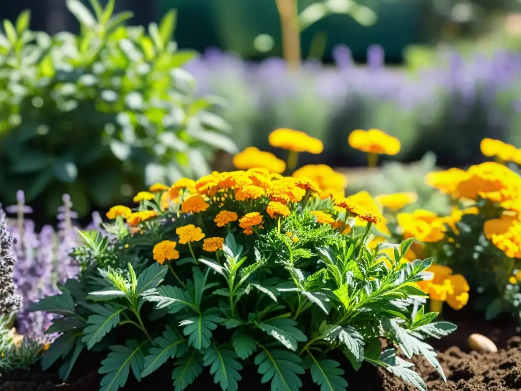 Una exuberante y detallada imagen de un jardín urbano lleno de plantas repelentes de plagas como caléndulas, lavanda y romero