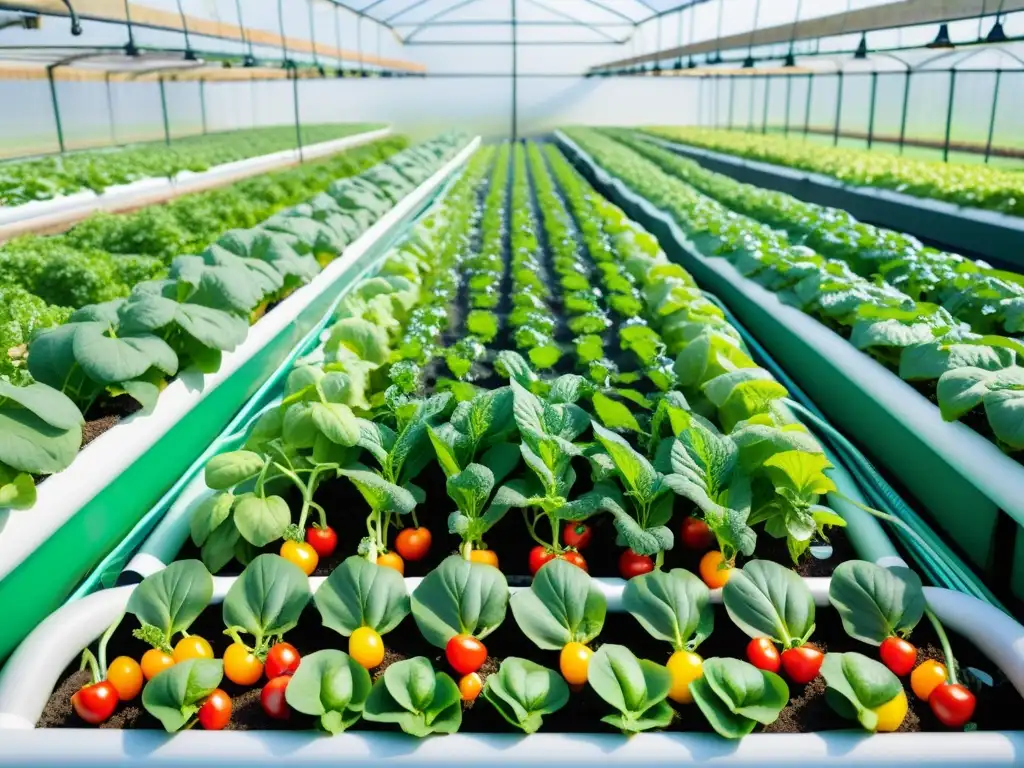 Un jardín acuapónico exuberante y detallado con variedad de vegetales coloridos y nutrientes