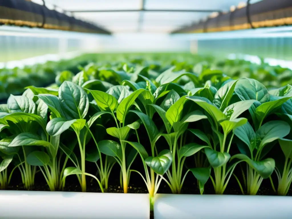 Un jardín acuapónico exuberante con espinacas vibrantes, listas para smoothies verdes con espinacas acuaponía