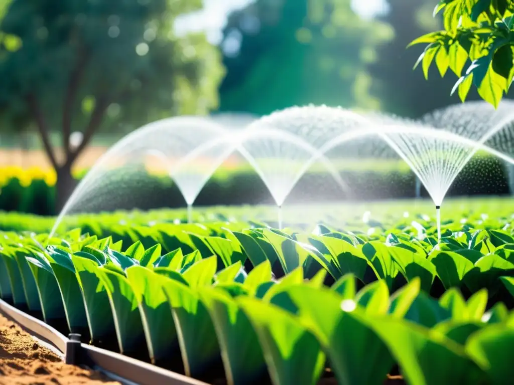 Un jardín exuberante con filas de plantas verdes vibrantes, cada una siendo regada con precisión por un sistema de control de riego inteligente