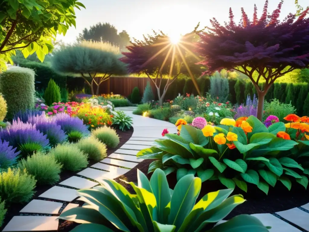 Jardín exuberante con flores coloridas y vegetación saludable, iluminado por el sol