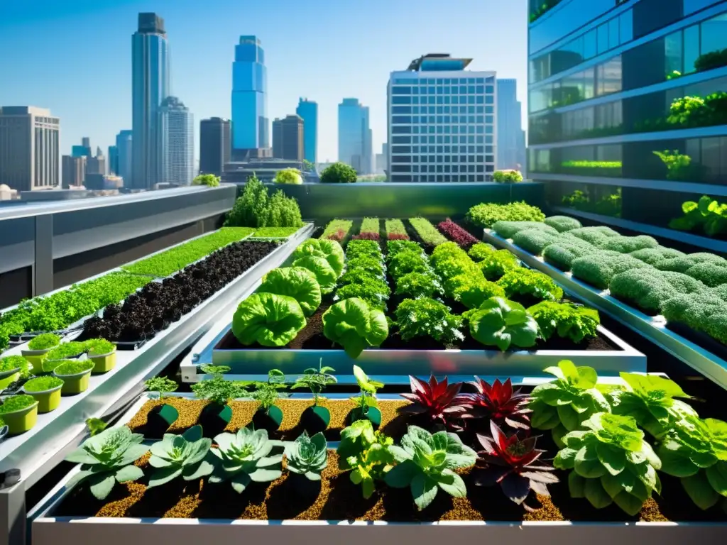 Una exuberante huerta urbana con agricultura vertical y sistemas hidropónicos, en armonía con la infraestructura urbana