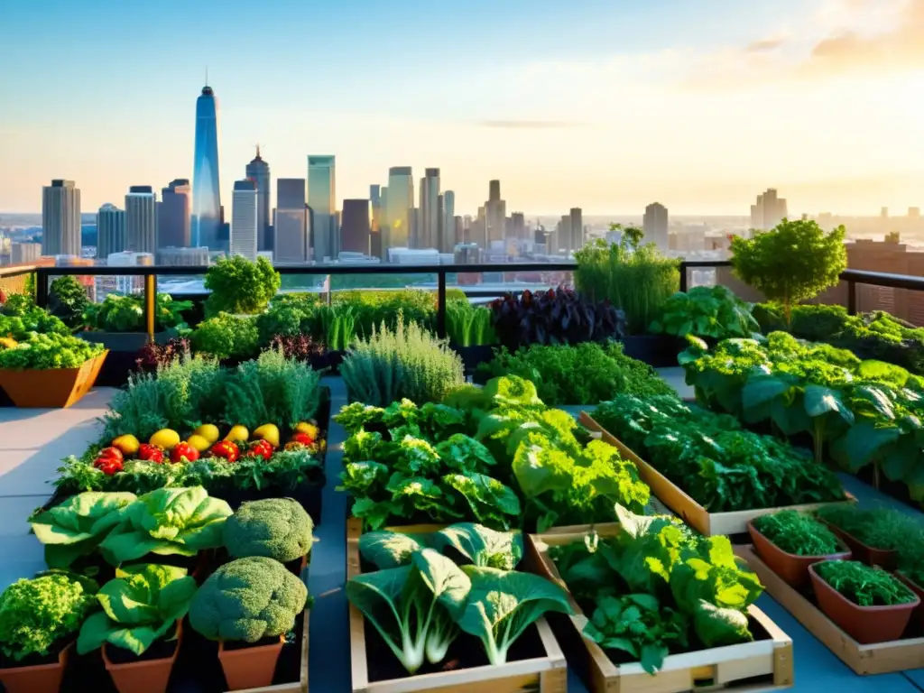 Una exuberante huerta urbana en la azotea de la ciudad, promoviendo la integración de la naturaleza en un entorno urbano contemporáneo