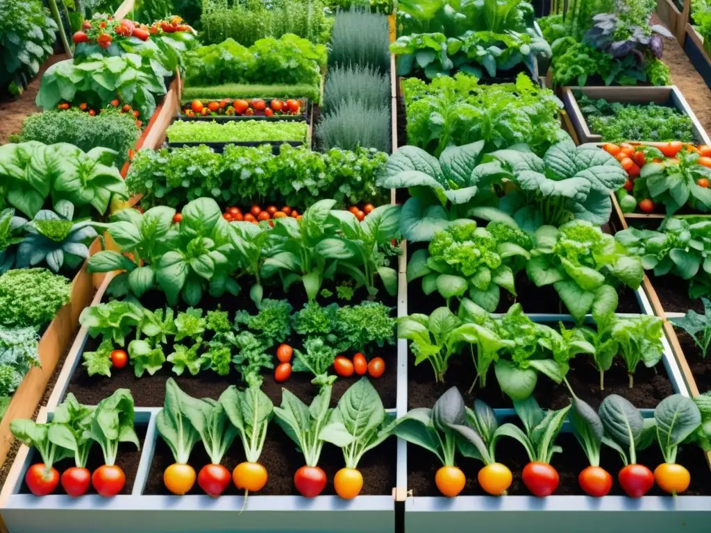 Una exuberante huerta urbana llena de verduras y frutas orgánicas, con un diseño cuidadoso y vida silvestre