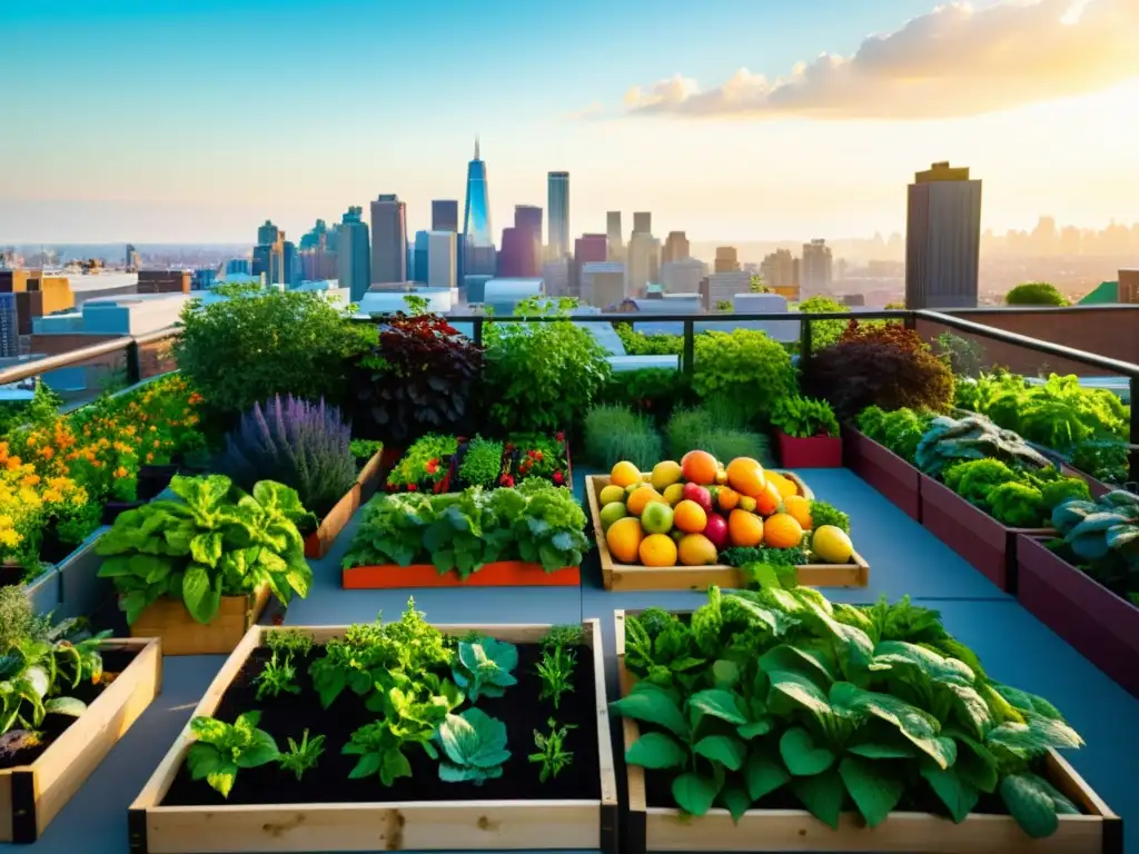 Una exuberante huerta urbana llena de frutas, verduras y hierbas coloridas, con el horizonte de la ciudad de fondo