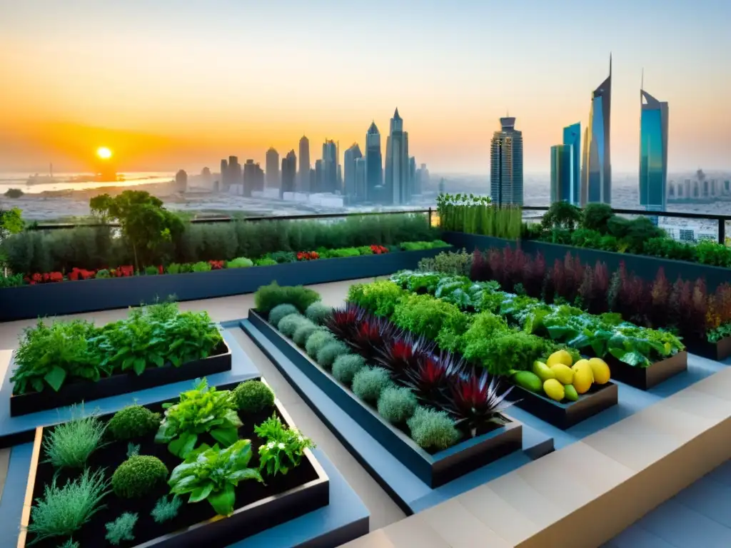 Una exuberante huerta urbana en Oriente Medio, rodeada de modernos rascacielos y bañada por la cálida luz del sol, con gente cuidando las plantas