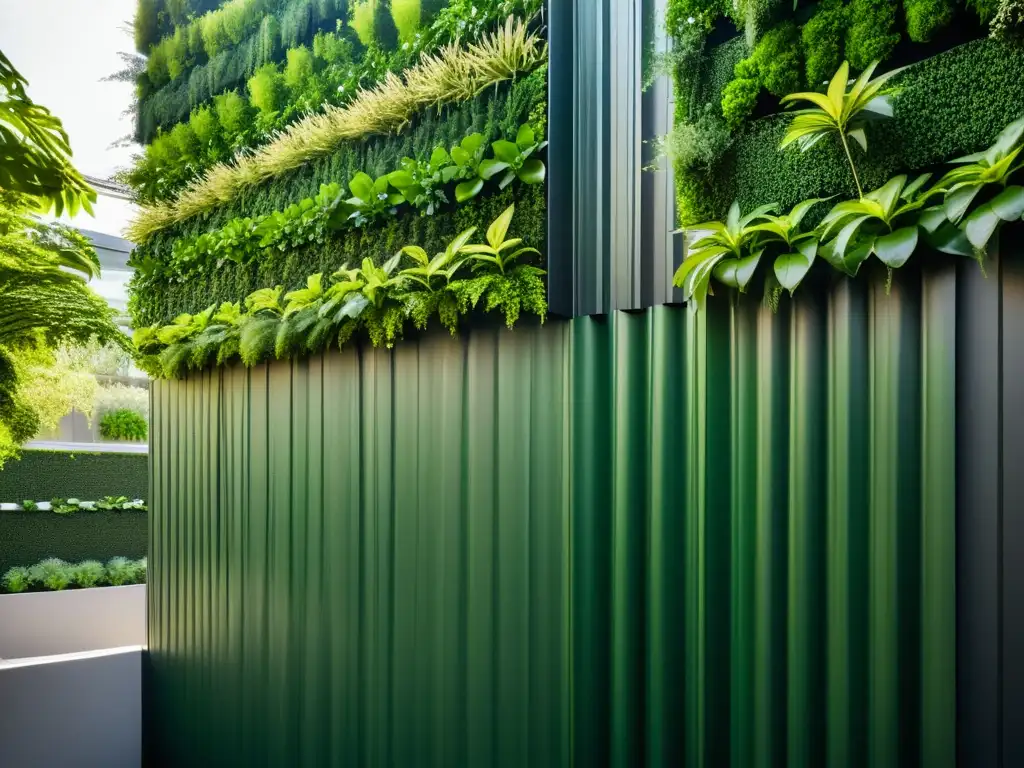 Una exuberante huerta vertical moderna, con plantas verdes vibrantes que crean un ambiente de tranquilidad y bienestar