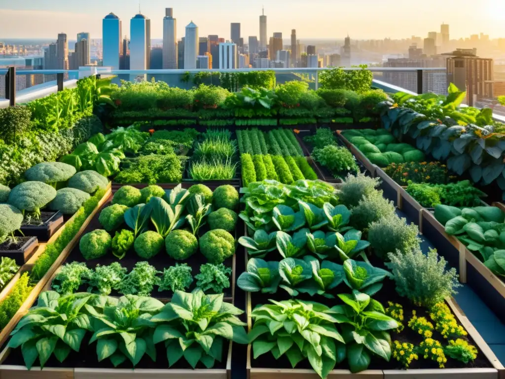 Una exuberante huerta vertical sostenible en armonía con la ciudad, rebosante de vegetales y hierbas vibrantes