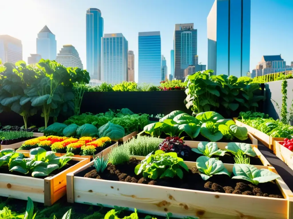 Jardín urbano de alimentos funcionales en la ciudad Un exuberante huerto urbano con alimentos funcionales como hojas verdes, bayas y hierbas frescas
