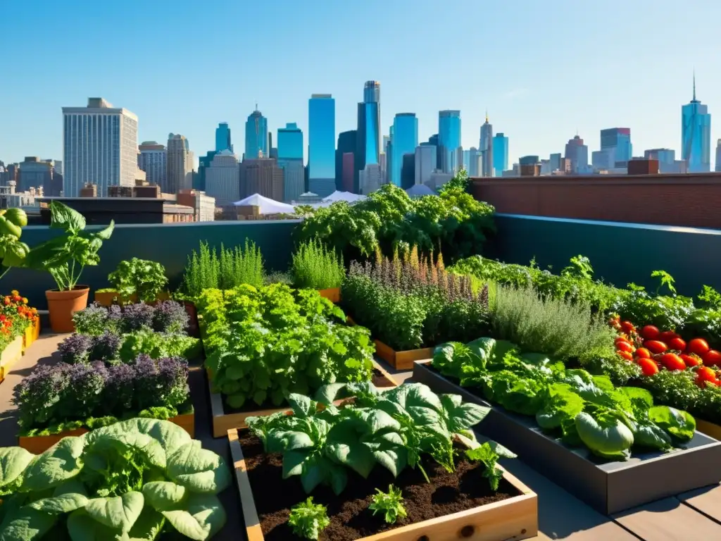 Un exuberante huerto urbano en la azotea, con hileras de vegetales coloridos bañados por la cálida luz del sol