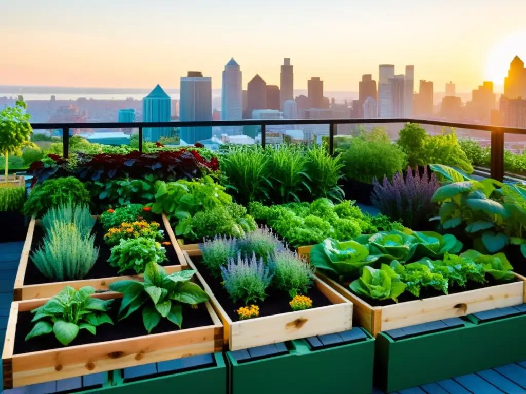 Un exuberante huerto urbano en azotea, integrando la naturaleza con la ciudad, irradiando abundancia y sostenibilidad