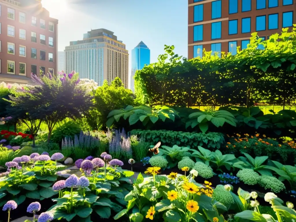 Un exuberante huerto urbano en primavera y otoño, con vegetación vibrante y estrategias huertos urbanos adaptados clima