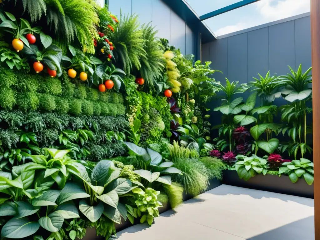 Un exuberante huerto vertical en la ciudad, muestra una variedad de frutas, verduras y hierbas vibrantes