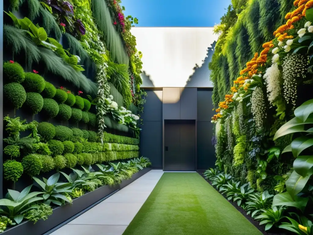 Un exuberante huerto vertical con plantas nativas, integrado en la arquitectura urbana, crea armonía entre naturaleza y modernidad