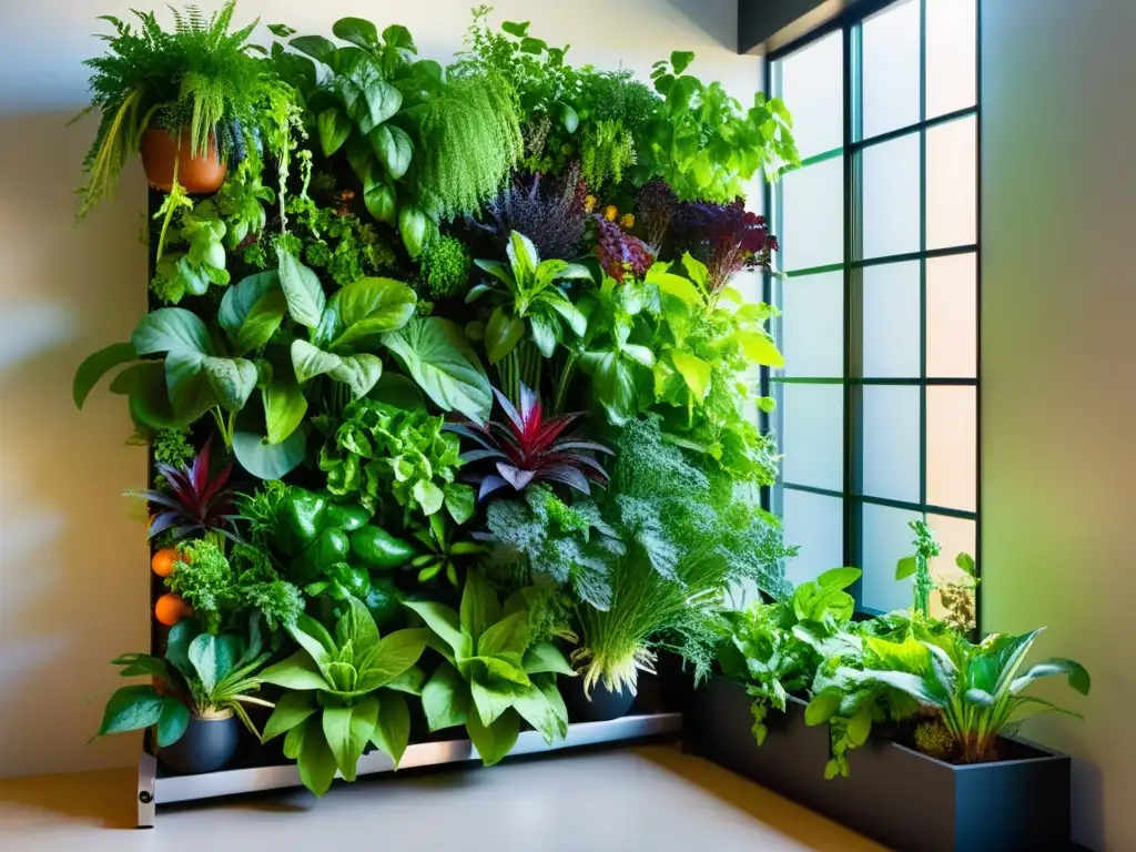 Un exuberante huerto vertical rebosante de verduras y hierbas, bañado por la cálida luz del sol