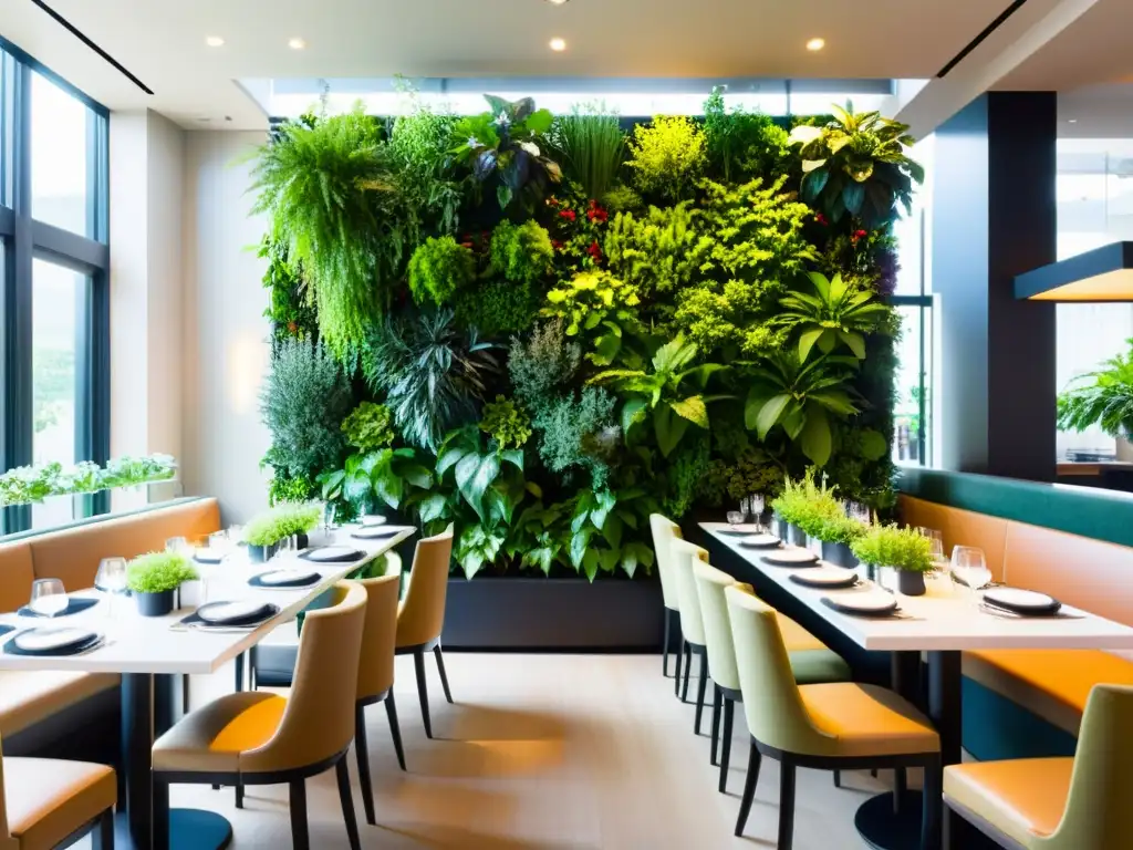 Un exuberante huerto vertical para restaurantes, con hierbas y vegetales vibrantes, iluminado por luz natural cálida