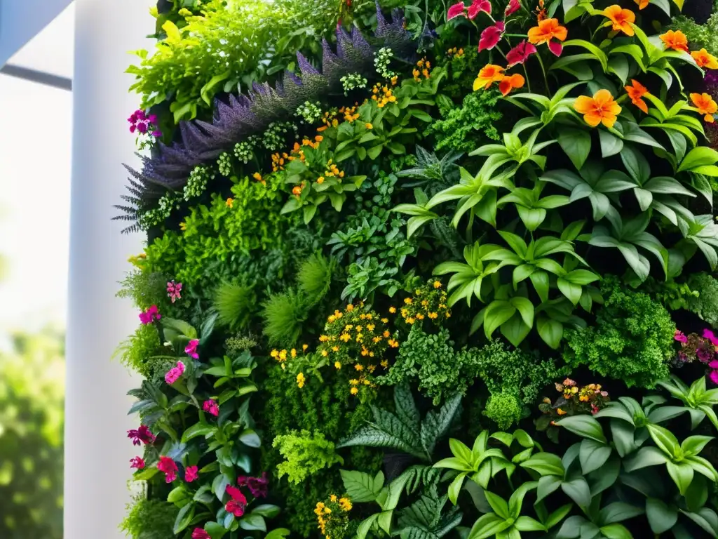 Un exuberante huerto vertical saludable, con red de riego, suelo y plantas vibrantes, destaca la prevención de enfermedades en huertos verticales