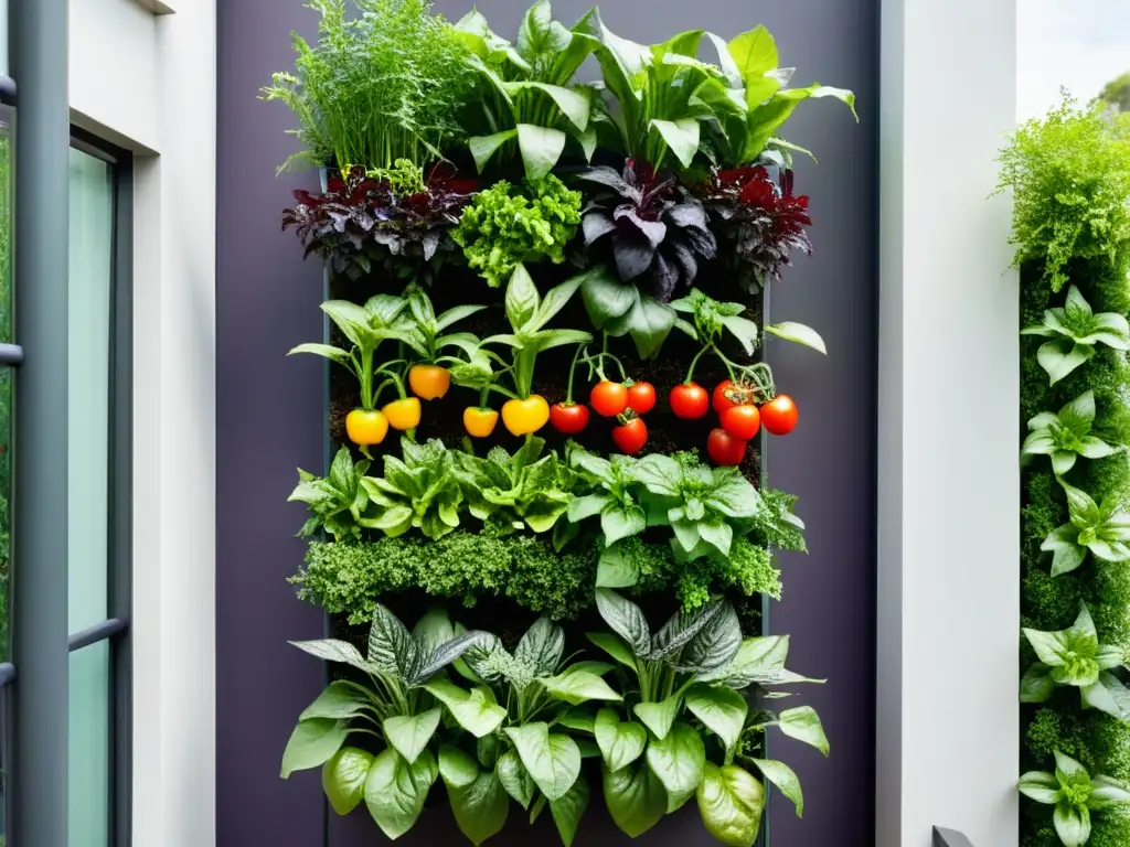 Un exuberante huerto vertical con selección de especies vegetales para huertos verticales, con variedad de plantas comestibles en un diseño moderno y organizado