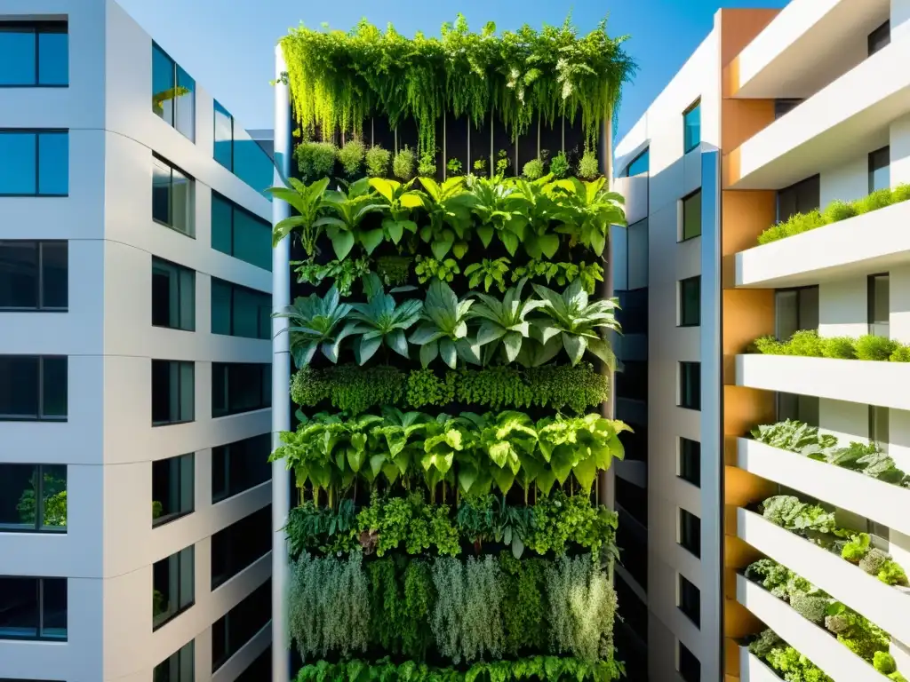 Un exuberante huerto vertical urbano iluminado por el sol, donde prosperan vegetales y hierbas