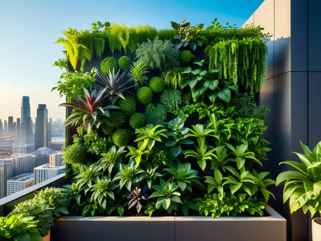 Un exuberante huerto vertical urbano con plantas y vegetales vibrantes contra el telón de fondo del horizonte de la ciudad