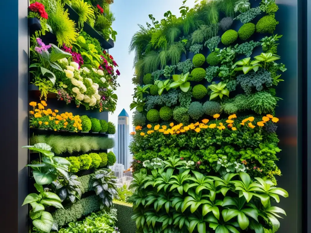 Un exuberante huerto vertical urbano, integrando naturaleza y ciudad