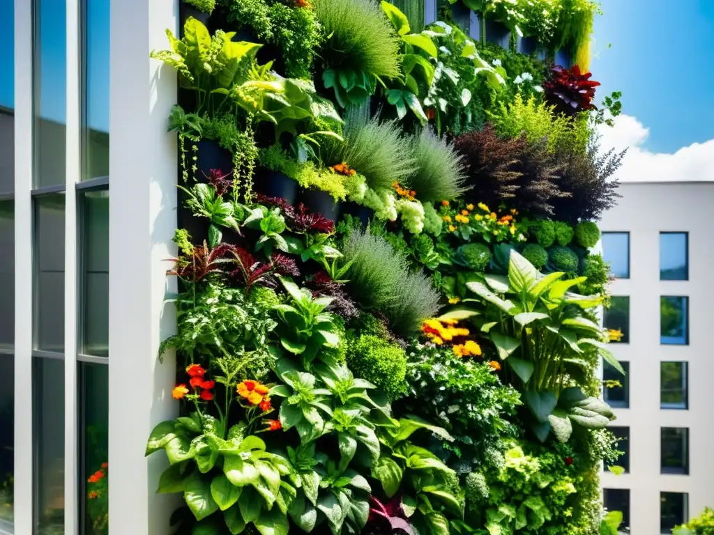 Un exuberante huerto vertical urbano con variedad de vegetales y hierbas, bañado por la luz del sol