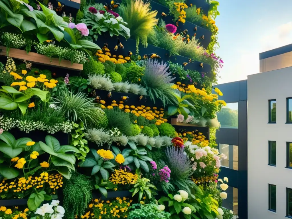 Un exuberante huerto vertical urbano con sinergia entre abejas y flores vibrantes en contraste con el fondo de la ciudad