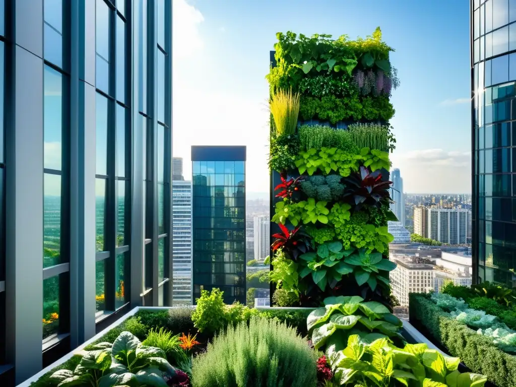 Un exuberante huerto vertical urbano legalizado, armonizando con la moderna arquitectura urbana y la naturaleza