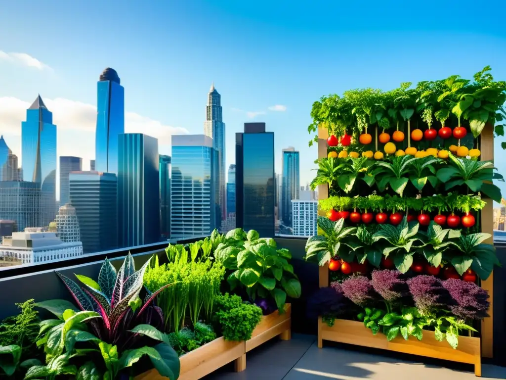 Un exuberante huerto vertical urbano con una variedad de vegetales y frutas coloridos, en armonía con la ciudad