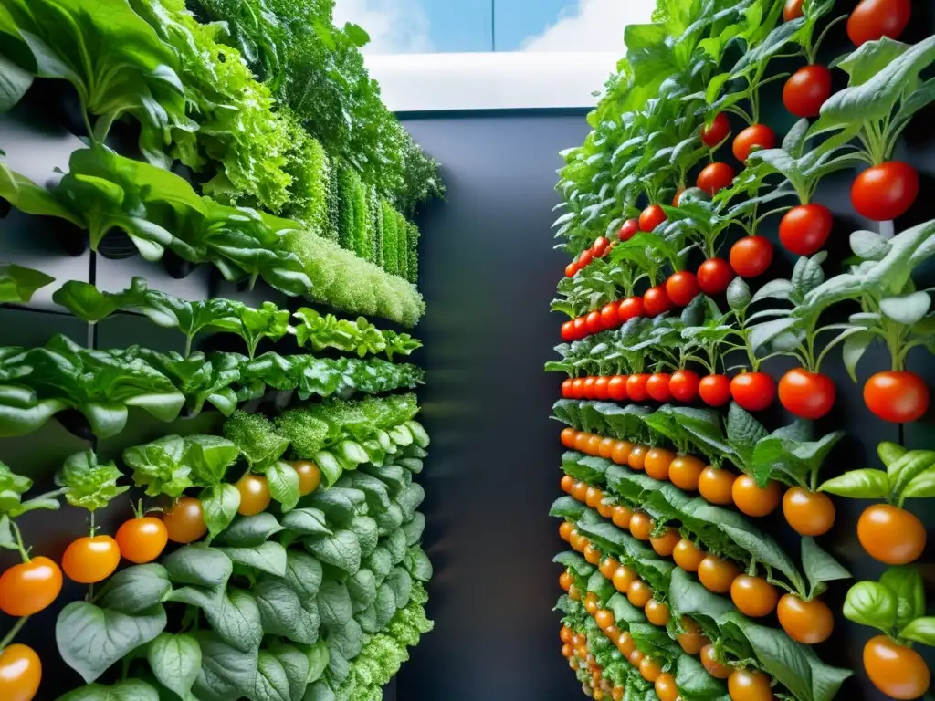 Un exuberante huerto vertical con variedad de plantas saludables y vibrantes como lechuga, hierbas y tomates