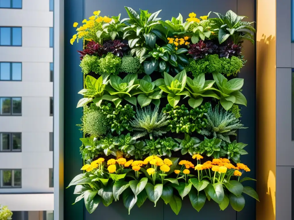 Un exuberante huerto vertical con vegetales y flores en un edificio moderno