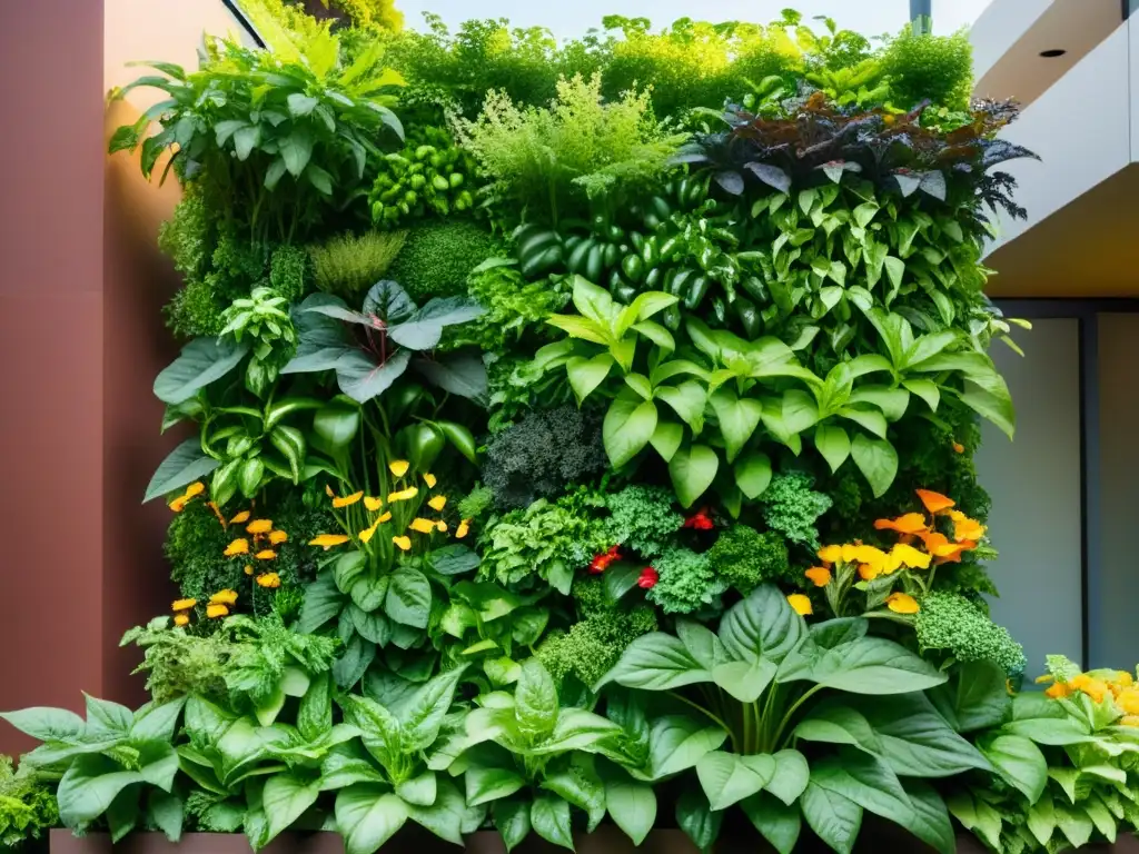 Un exuberante huerto vertical con verduras y legumbres, iluminado por el cálido sol