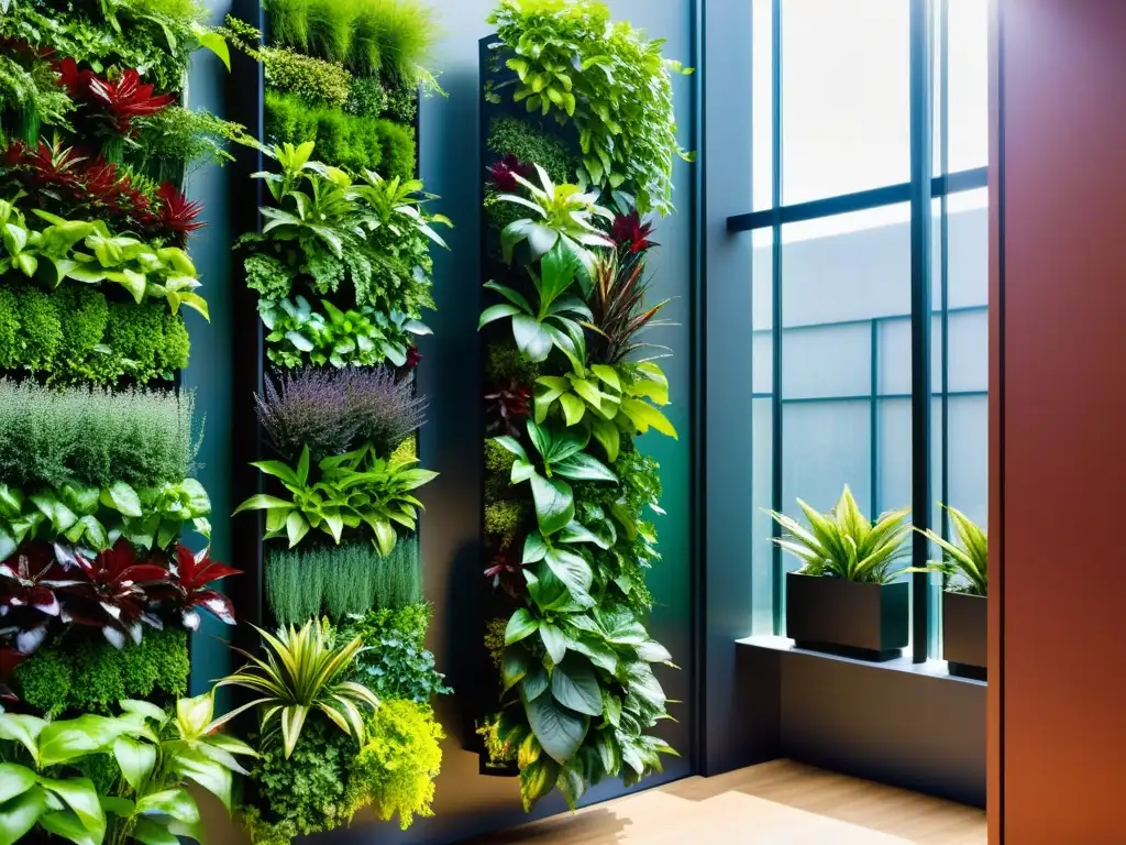 Una exuberante imagen de un próspero jardín vertical con técnicas para optimizar huerto vertical, que muestra una variedad de plantas saludables y frondosas en un sistema de macetas contemporáneo