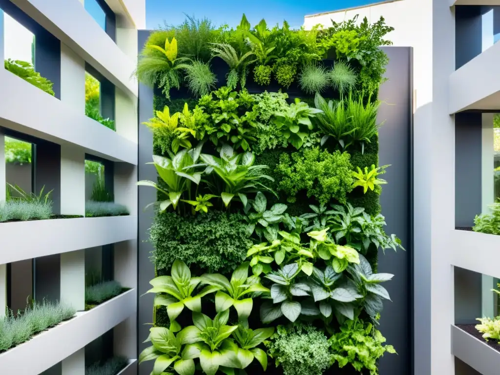 Un exuberante jardín vertical en la ciudad, destaca sus plantas vibrantes y elegante diseño