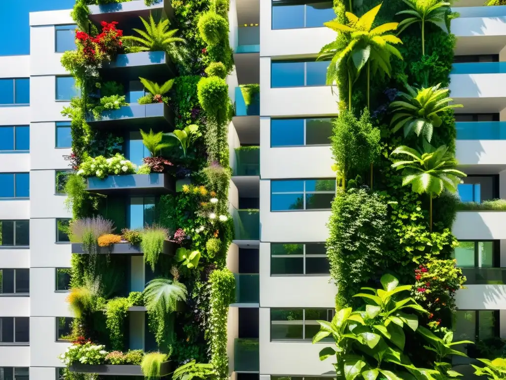 Un exuberante jardín vertical en un edificio moderno, beneficios huertos verticales biodiversidad urbana