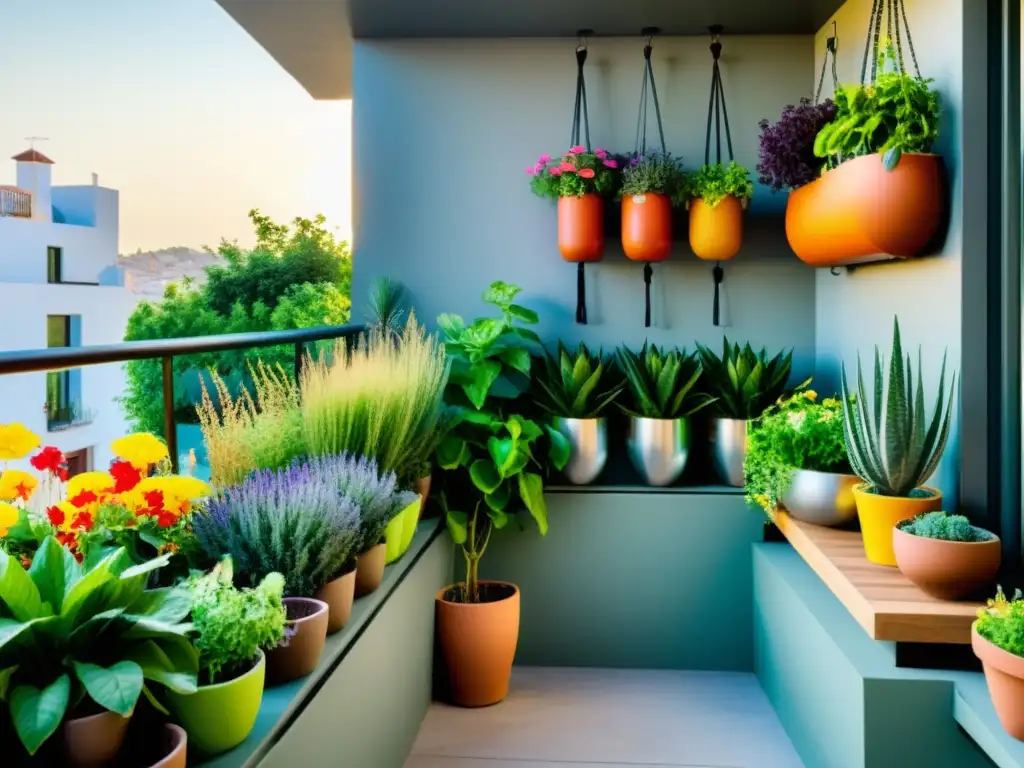 Un exuberante jardín en un balcón mediterráneo, con hierbas, vegetales y flores, creando una agricultura urbana en balcones mediterráneos