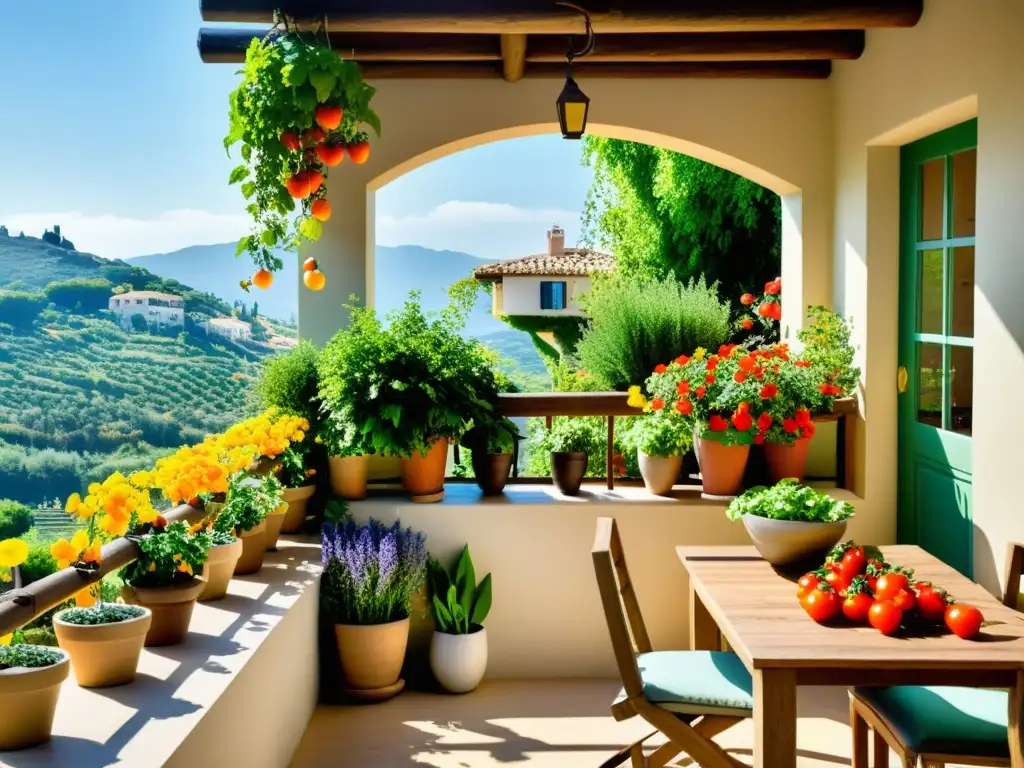 Un exuberante jardín en un balcón mediterráneo, rebosante de plantas y flores coloridas