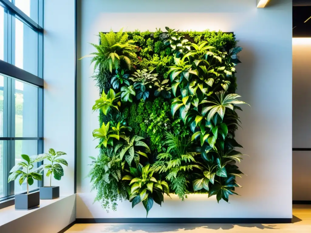 Un exuberante muro verde de plantas verticales crea un microclima ideal en un entorno interior moderno, con variedad de texturas y tonos de verde