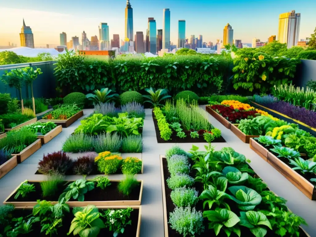 Una exuberante y organizada huerta urbana con diversidad de plantas, flores y vegetales, mostrando equilibrio ecológico en agricultura urbana